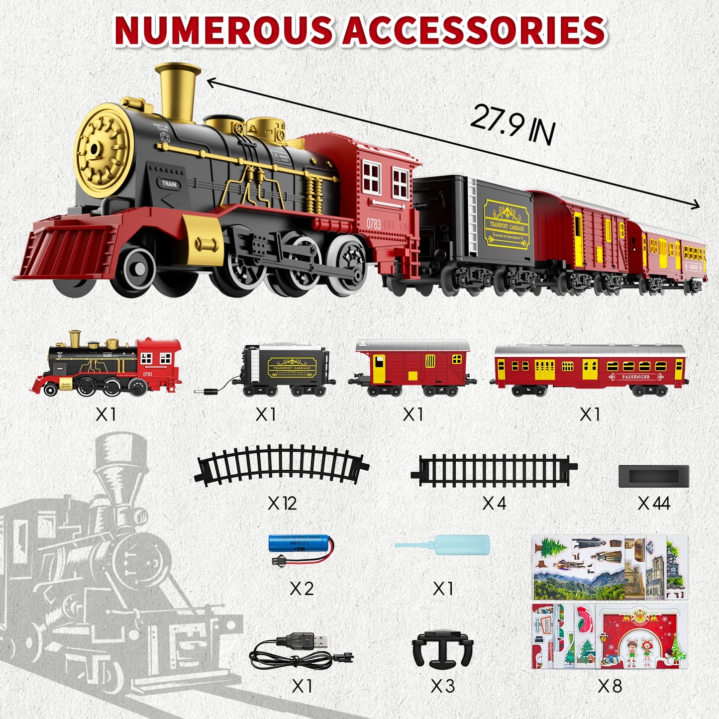 Electric Train Set for Kids Classic Christmas Toy Steam Locomotive with Lights and Sound
