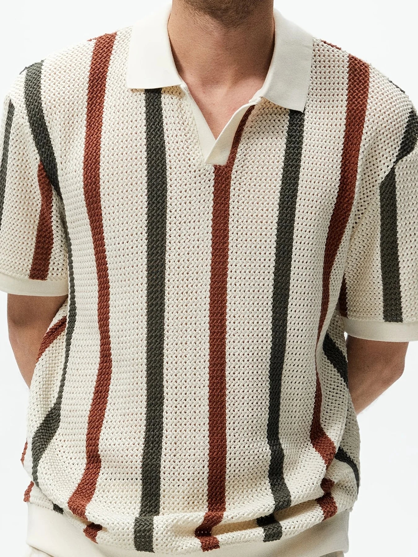 Men's Summer Chunky Knit Polo Shirt With Stripes Casual Short Sleeve Top for Outings