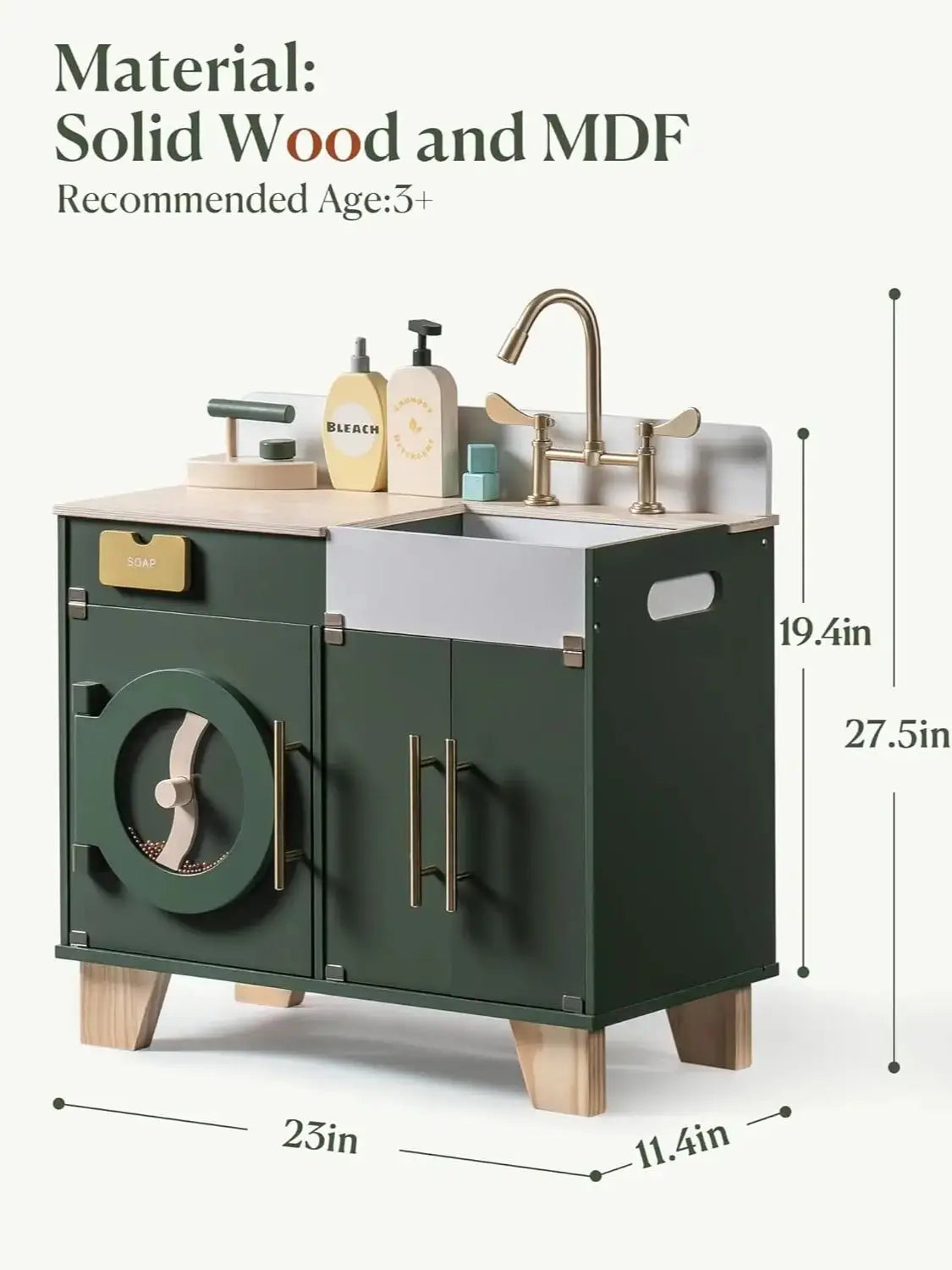 Robotime Wooden Vintage Green Washing Machine Playset for Kids Kitchen Pretend Play