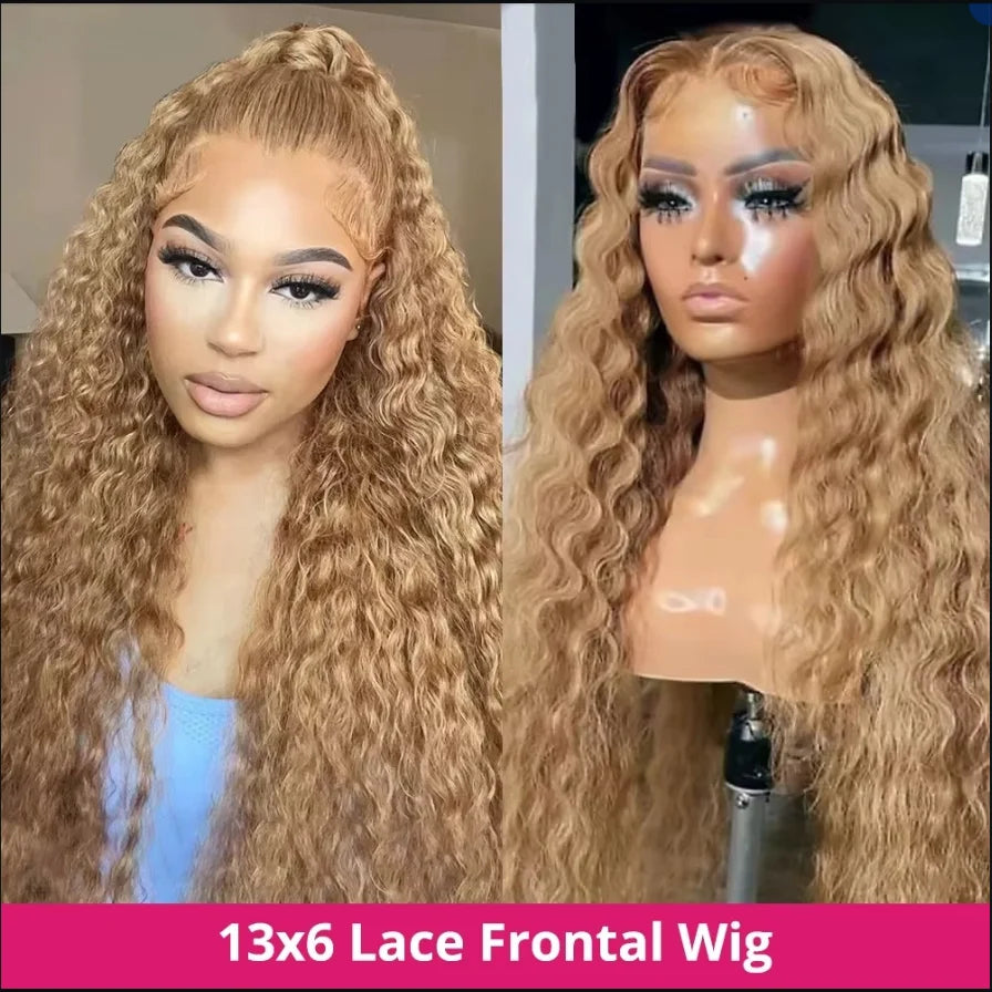Honey Blonde Deep Wave Lace Front Wig 30 Inch Human Hair Curly Wig for Women