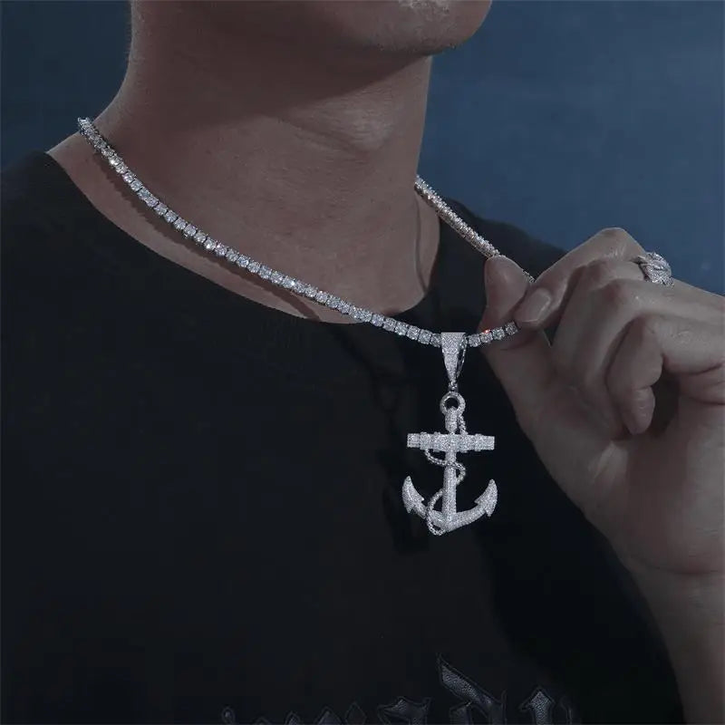 Moissanite Anchor Necklace in 925 Sterling Silver Iced Out Hip Hop Jewelry for Unisex