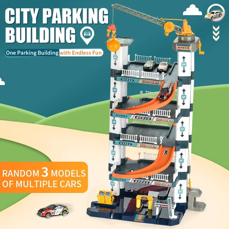 Kids Five-Story Rail Track Parking Building Toy Hand-Cranked Racing Car Adventure Game