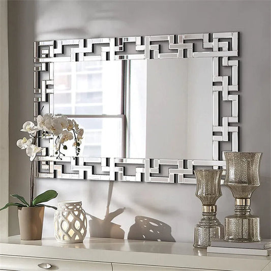 Rectangle Silver Venetian Art Mirror for Living Room, Bathroom with Beveled Glass Edge, Wall Accent Mirror, Upgraded 120cm