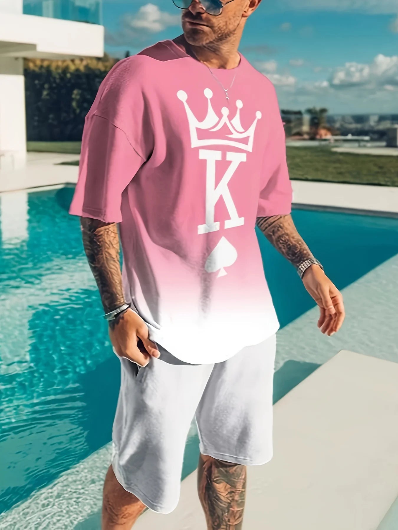 Men's Trendy Round Neck Short Sleeve Two Piece Suit with 3D Digital Print for Summer