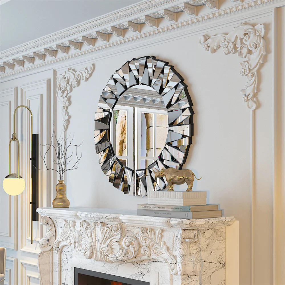 LUVODI Large Wall Decor Mirror Round for Living /Dining /Bed/Meeting/Bathroom Decorative with Silver Starburst Art Design