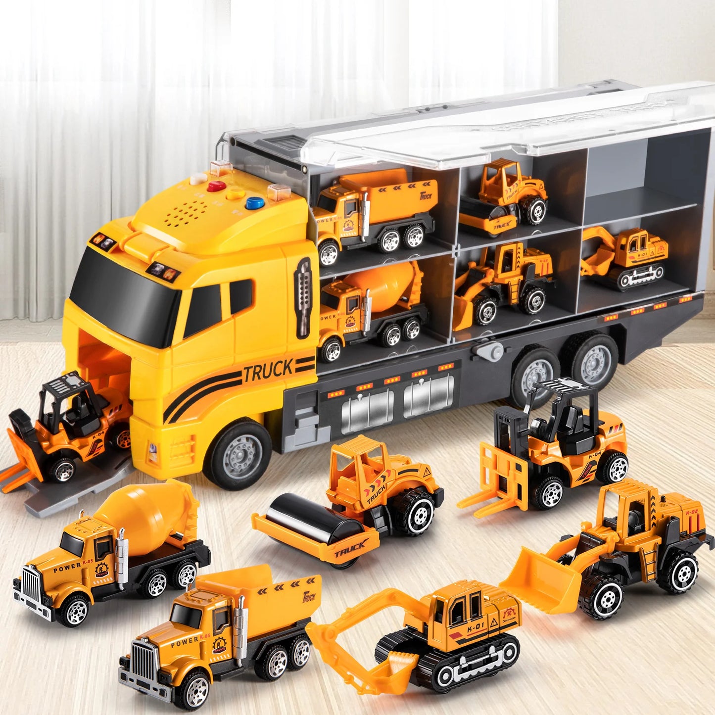 Kids Transport Truck Fire Cars Toy Set with Play Mat and 6 Mini Vehicle Gifts