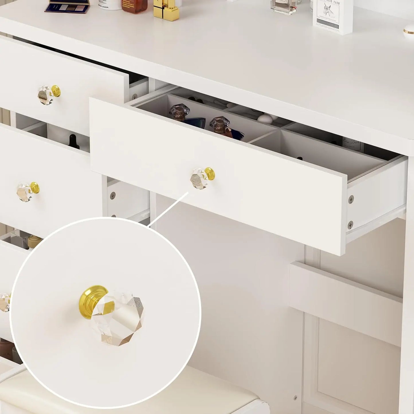 Vanity Desk Set with Round Mirror, Makeup Dressing Table with 5 Drawers, Storage Shelves & Cushioned Stool for Bedroom, White