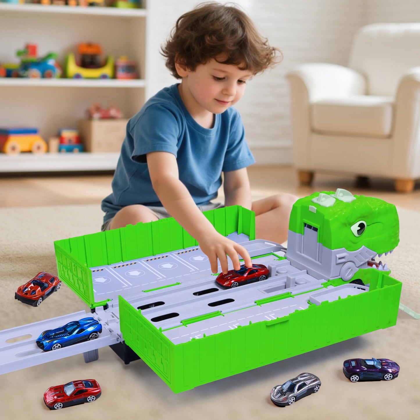 Dinosaur Transport Truck Toy With Foldable Race Track And Car Models For Boys