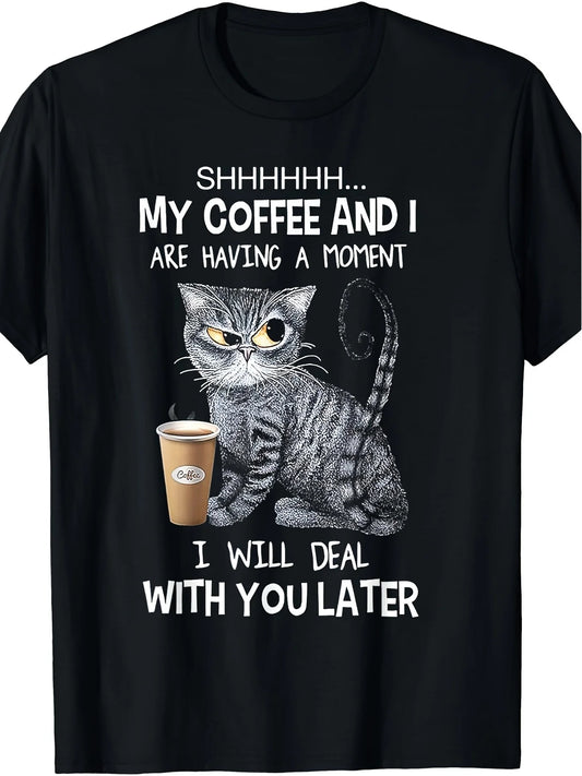 Funny Cat Print Coffee T-Shirt for Men 100 Percent Cotton Weekend Casual Wear