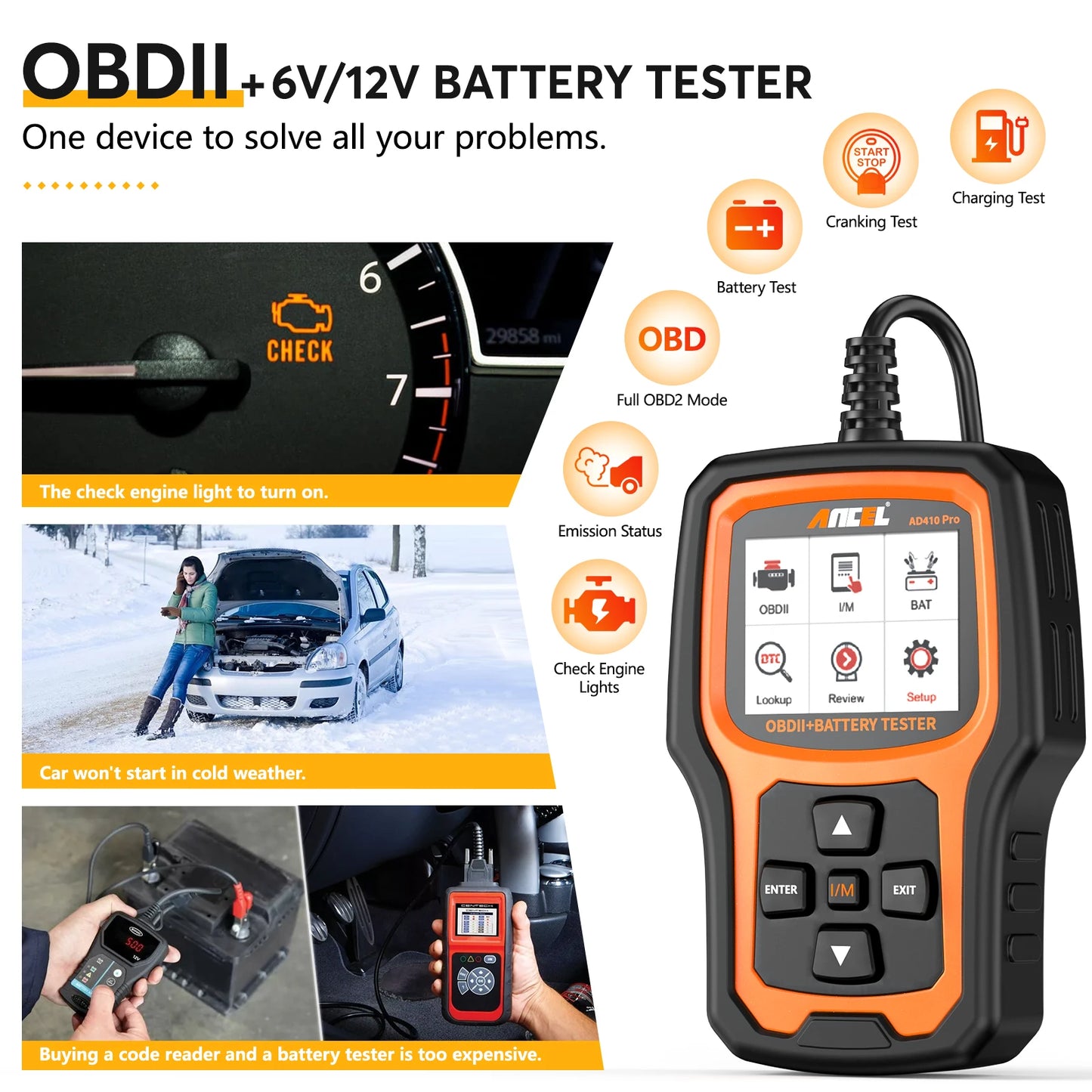 ANCEL AD410 PRO OBD2 Code Reader Automotive Scanner with Battery Test and Full Diagnostics