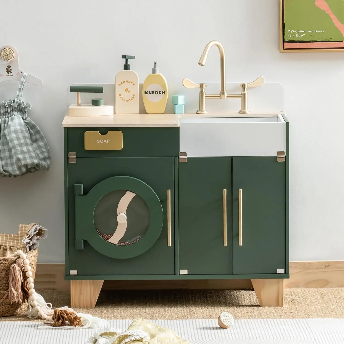 Robotime Wooden Vintage Green Washing Machine Playset for Kids Kitchen Pretend Play