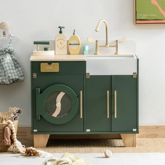 Robotime Wooden Vintage Green Washing Machine Playset for Kids Kitchen Pretend Play
