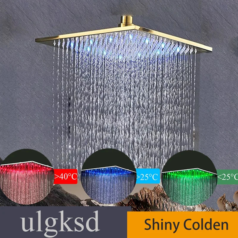 Chrome Bathroom 16inch Large Rainfall Shower Faucet  LED Spray Wall Mounted Hot Cold Tap 3 Color Changing Head Home Replace