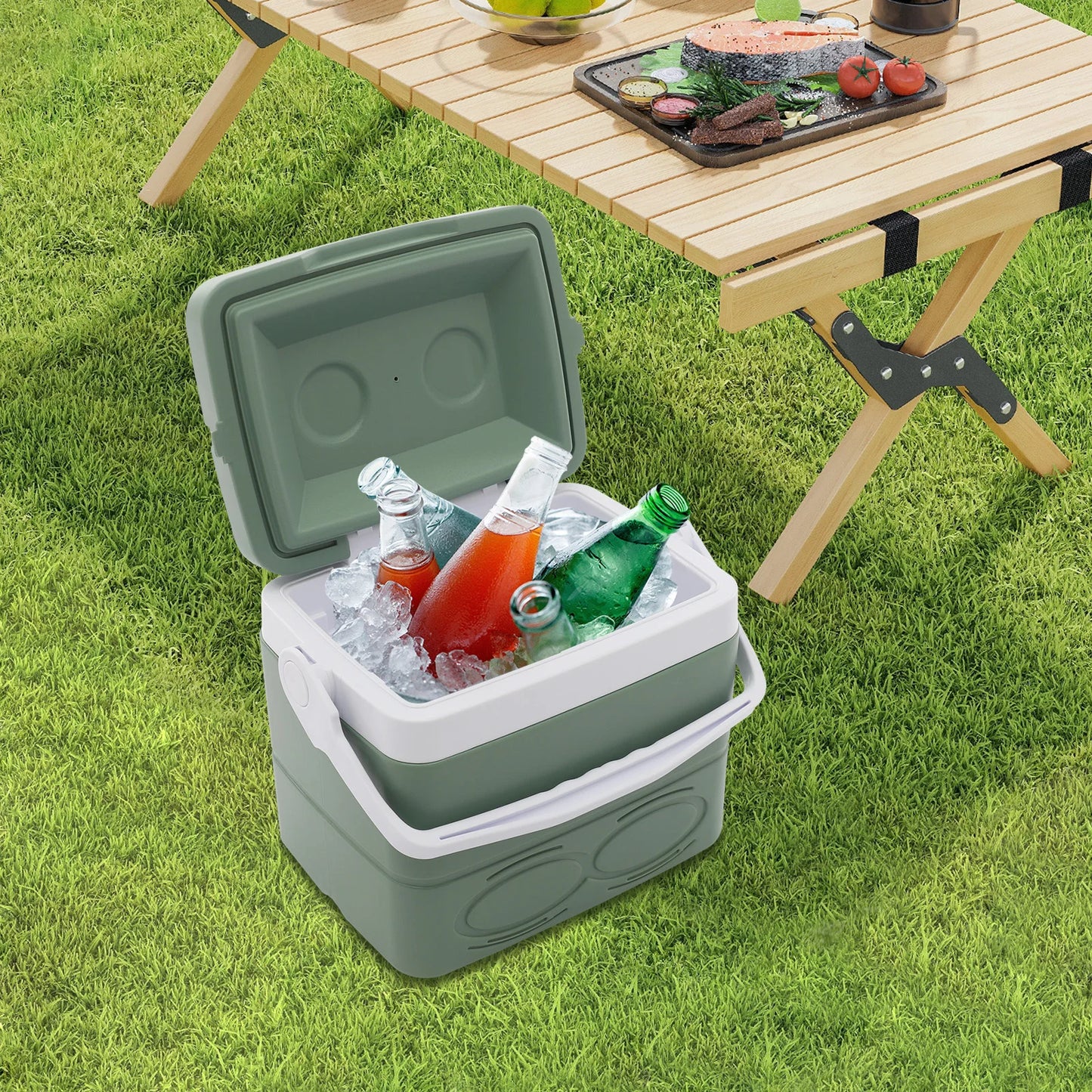 8.5L Portable Insulated Camping Cooler Box for Outdoor Picnics and Beach Activities Green White
