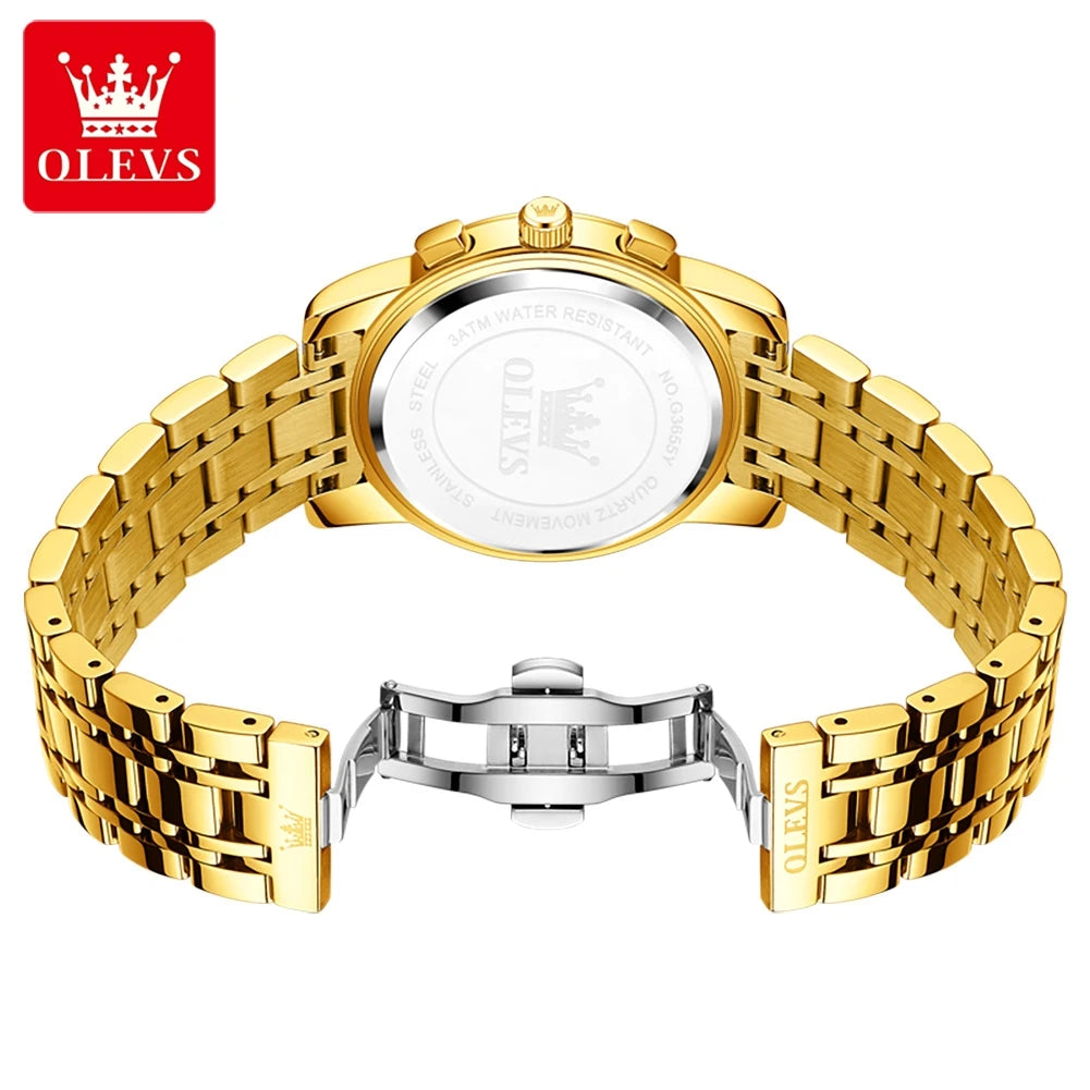 OLEVS Luxury Men's Moon Phase Chronograph Quartz Watch Gold Stainless Steel Luminous