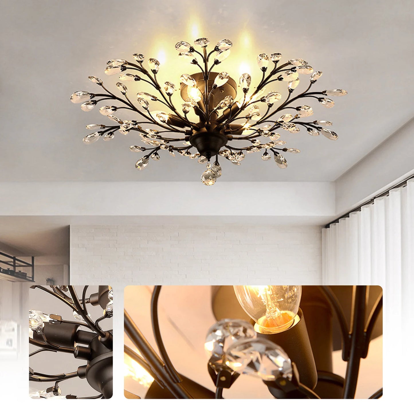 Vintage Crystal Chandelier Ceiling Light, 110V E12 Base LED Ceiling Lamp Fixture, Black Chandelier for Living Room Bedroom Porch