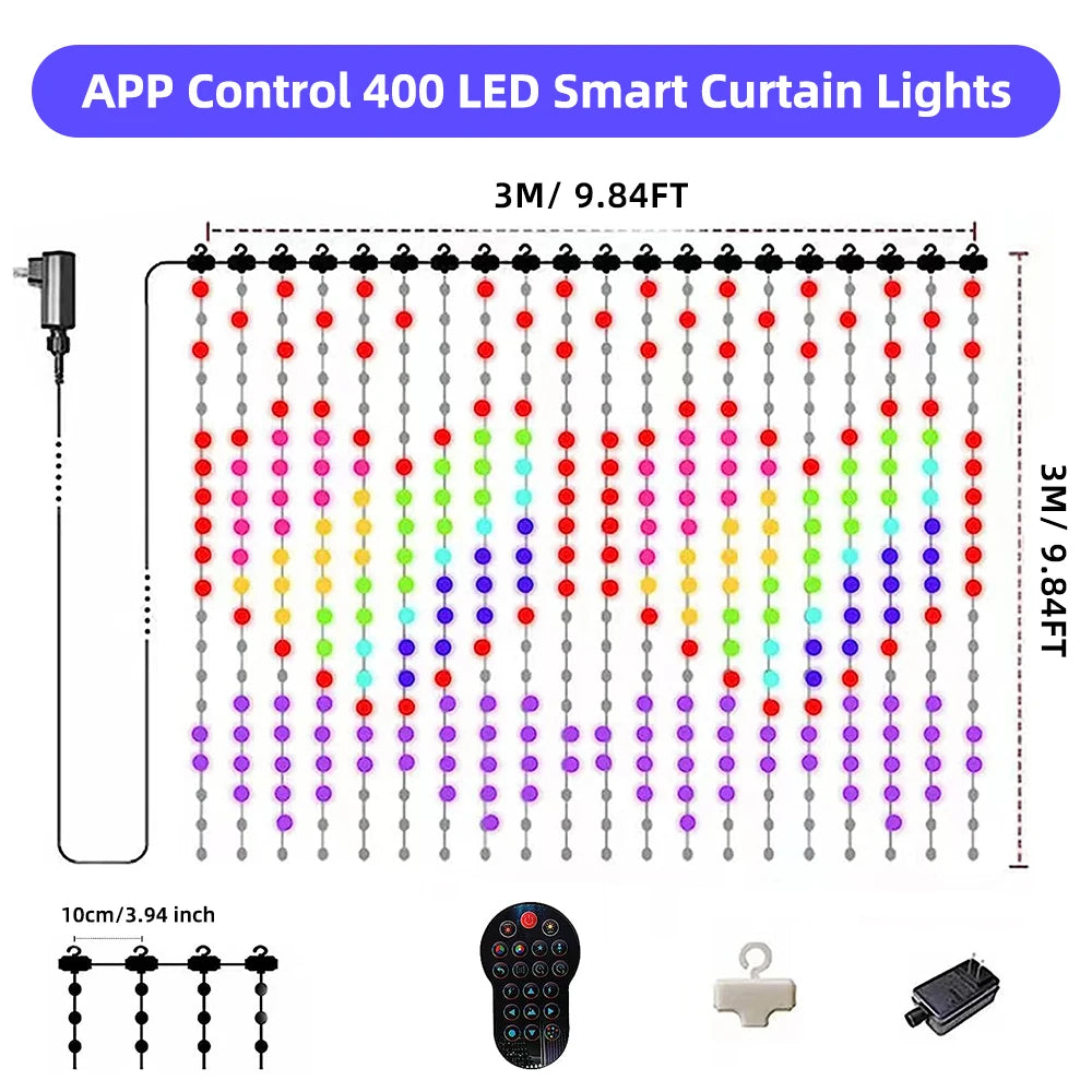 Mexllex Colorful Smart LED Window Hanging Curtain Lights, 400 RGB APP Remote Control DIY Text and Pattern Fairy Garland home