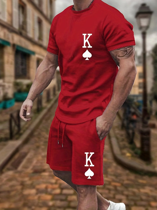 Men's Trendy Round Neck Short Sleeve Two Piece Suit with 3D Digital Print for Summer