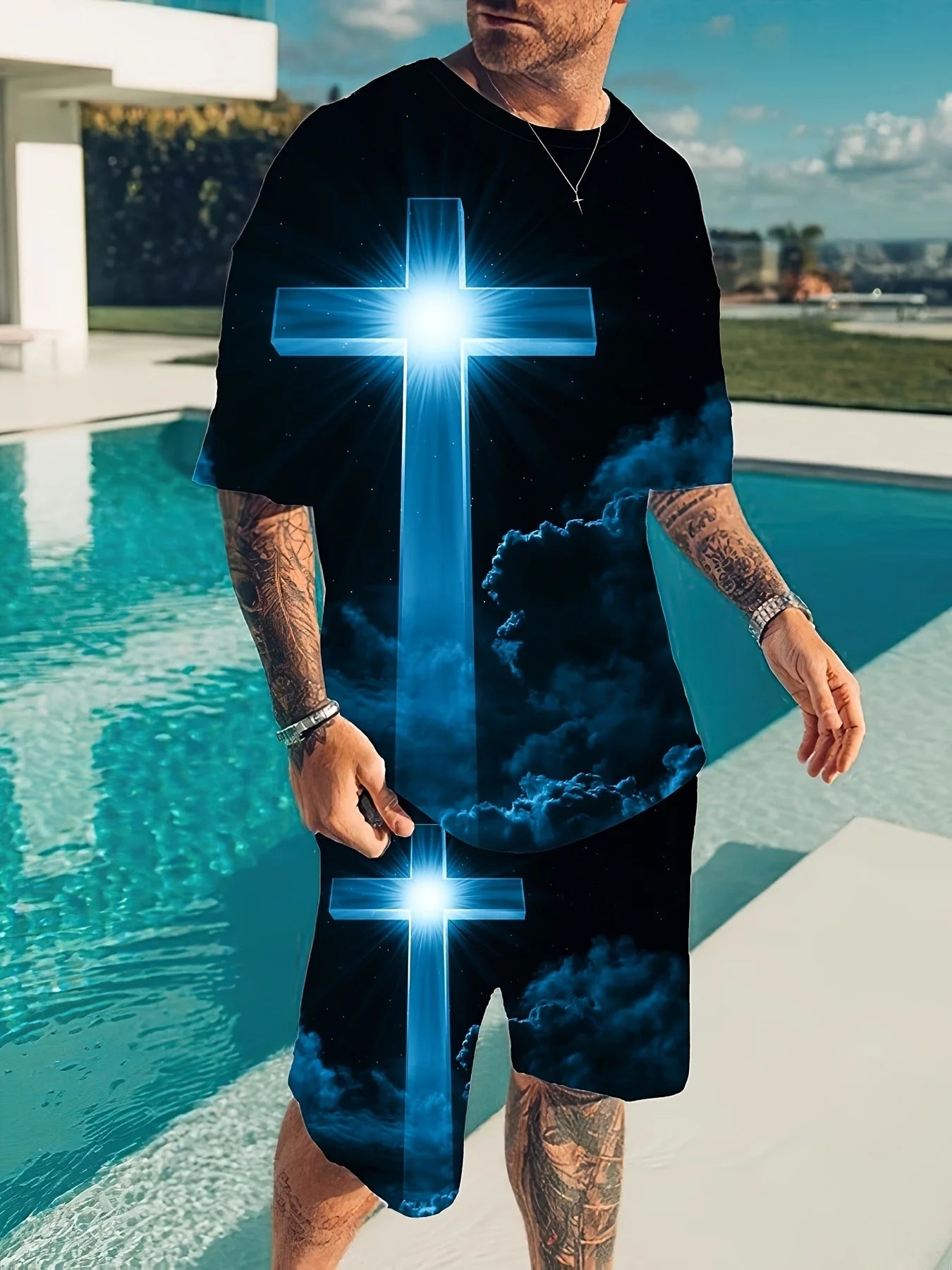 Men's Trendy 3D Digital Printed Round Neck Short Sleeve Two-Piece Summer Suit
