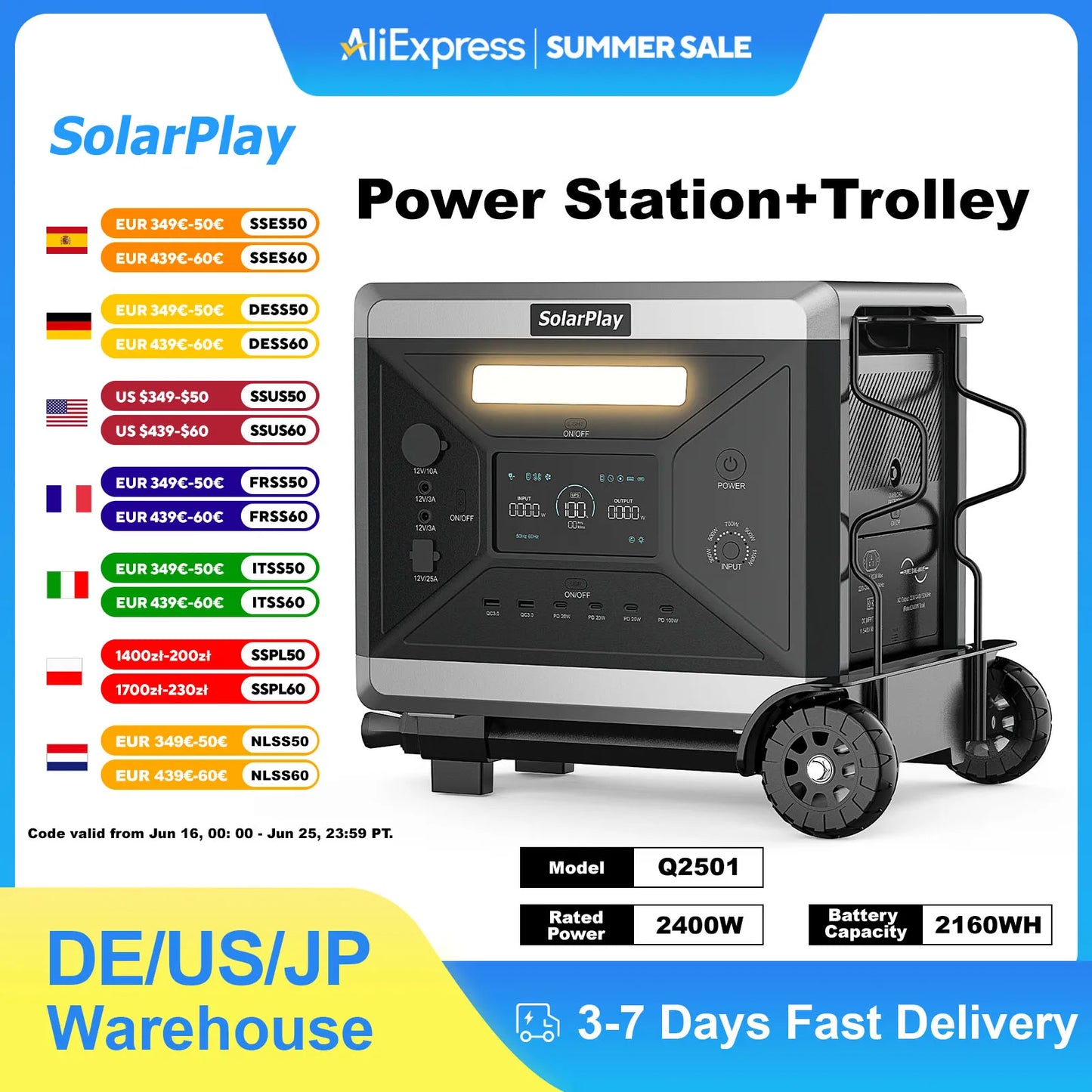 SolarPlay Q2501 Portable Power Station 2400W LiFePO4 Battery UPS with Trolley for Camping