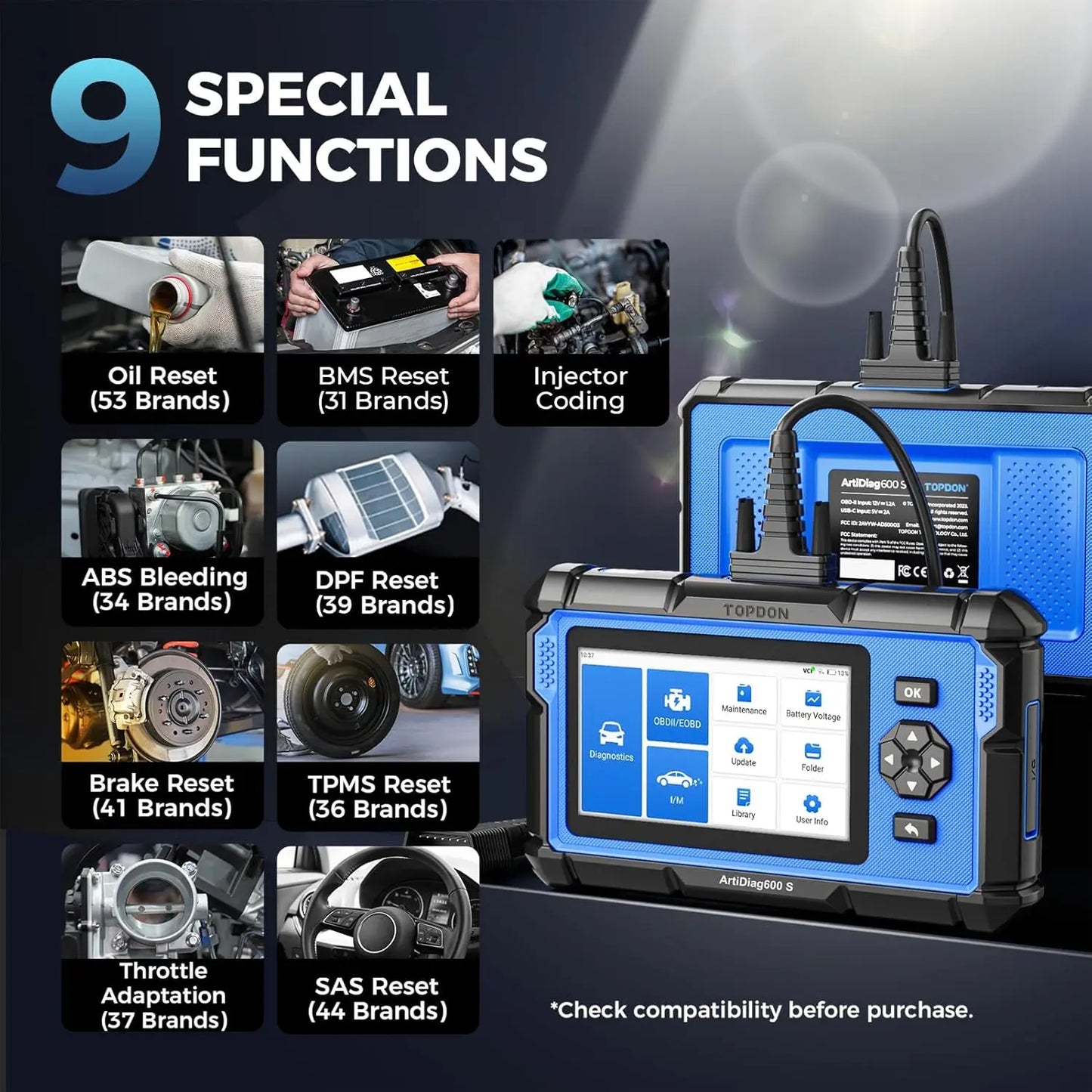 Topdon Artidiag600S OBD2 Scanner Automotive Diagnostic Tool with 8 Reset Functions