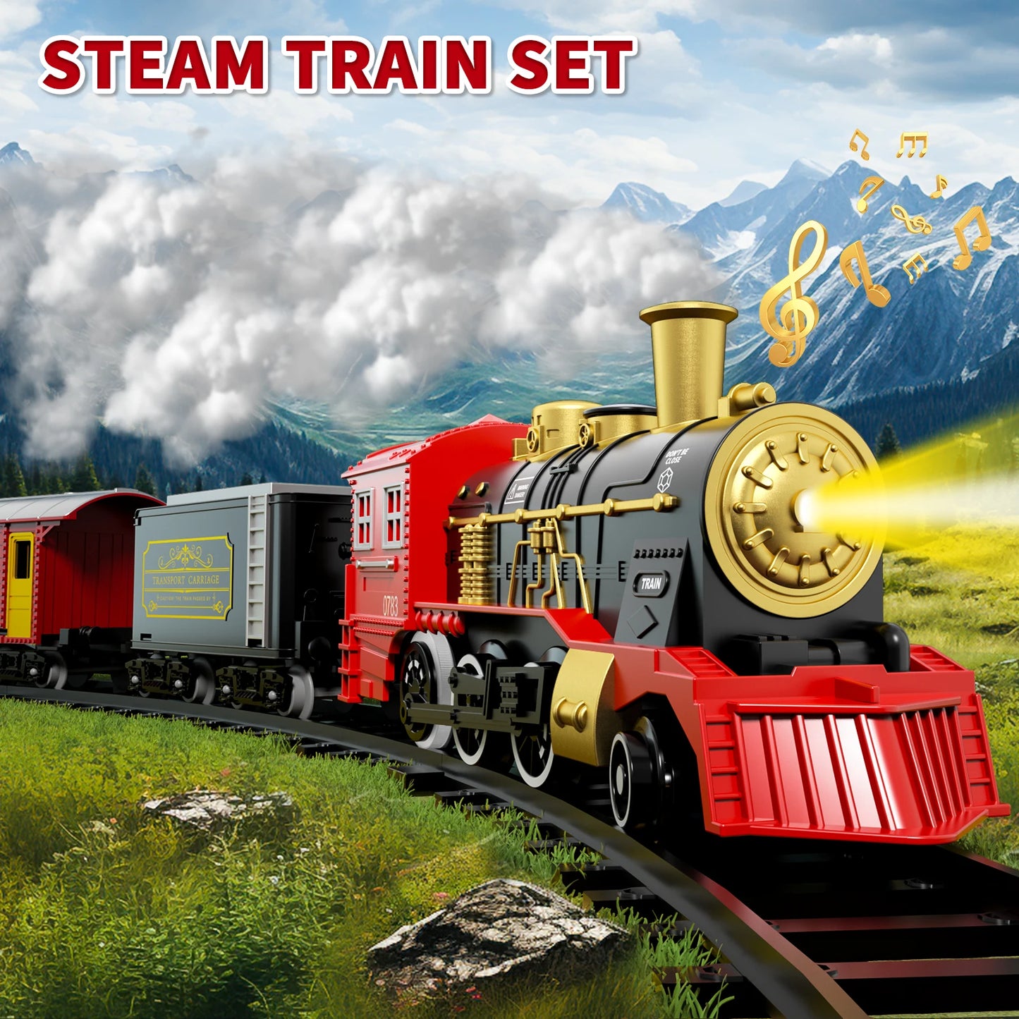 Electric Train Set for Kids Classic Christmas Toy Steam Locomotive with Lights and Sound