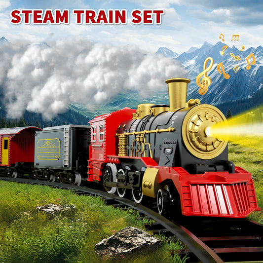 Electric Train Set for Kids Classic Christmas Toy Steam Locomotive with Lights and Sound