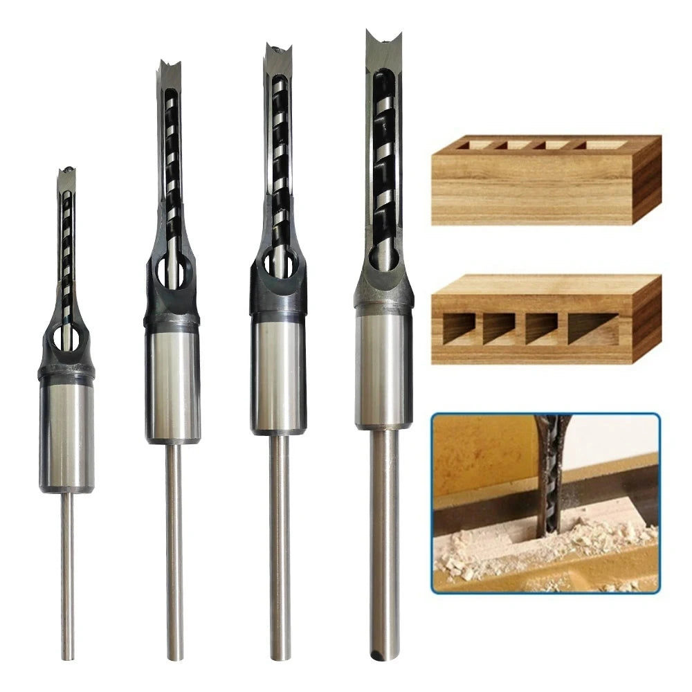 Meikela 4pcs Square Hole Drill Bit Set for Woodworking Round Shank Auger Bits