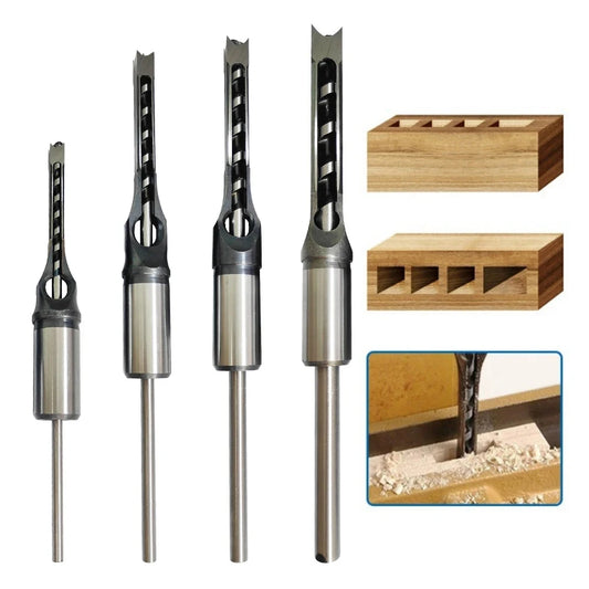 Meikela 4pcs Square Hole Drill Bit Set for Woodworking Round Shank Auger Bits
