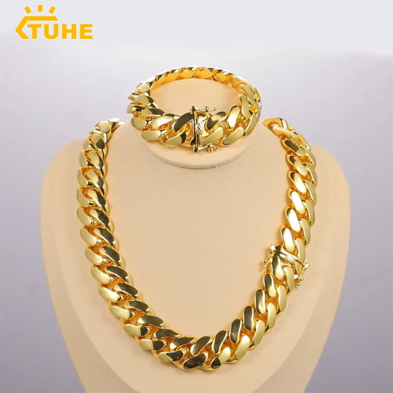 20mm Heavy Solid 18K Gold Plated Miami Cuban Link Chain Necklace for Men