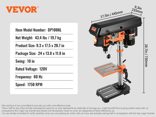 SucceBuy Tabletop Drill Press 3.2Amp 120V 5 Speed Settings 10'' Swing, Comes with Laser Pointer Illumination Light for Wood Work