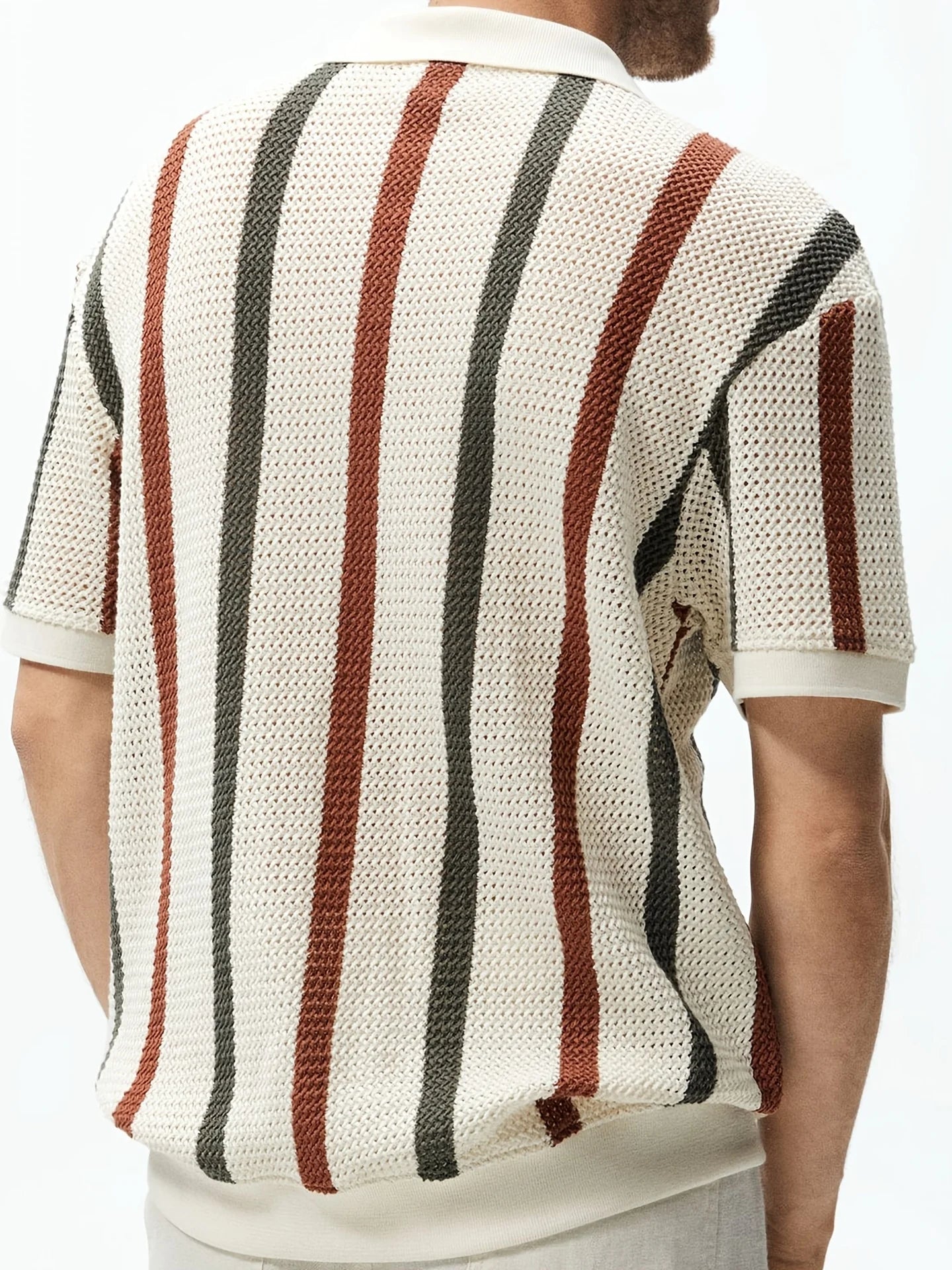 Men's Summer Chunky Knit Polo Shirt With Stripes Casual Short Sleeve Top for Outings