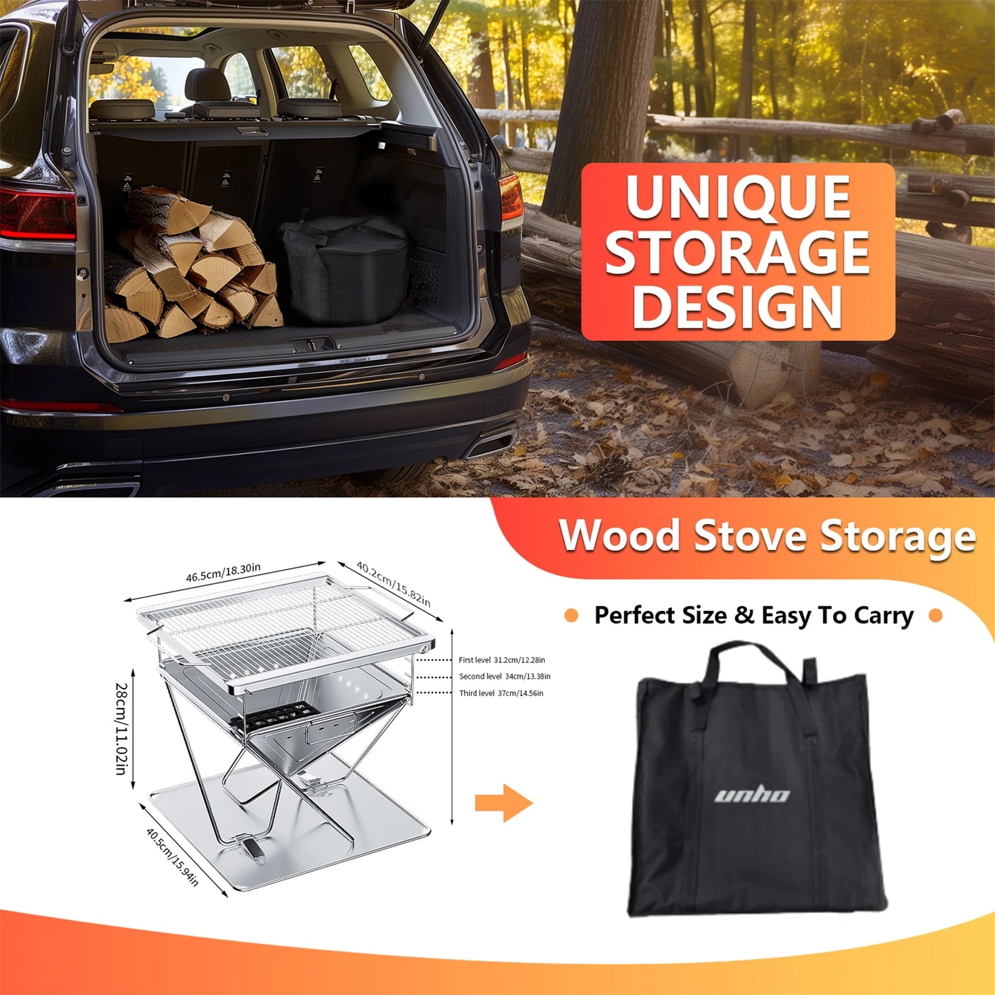 Folding Stainless Steel Fire Pit Grill with Carry Bag for Outdoor Camping and Backyard Use