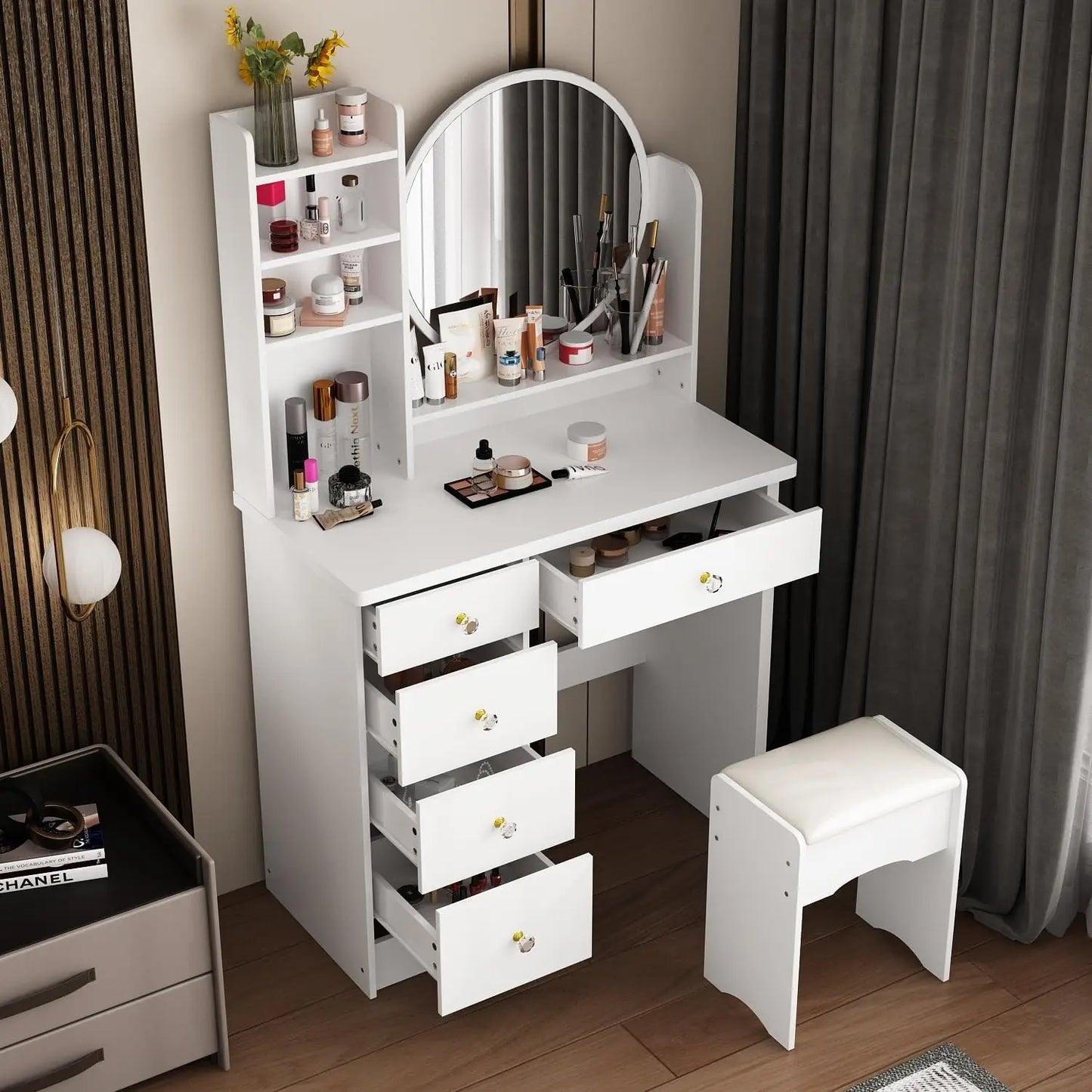 Vanity Desk Set with Round Mirror, Makeup Dressing Table with 5 Drawers, Storage Shelves & Cushioned Stool for Bedroom, White