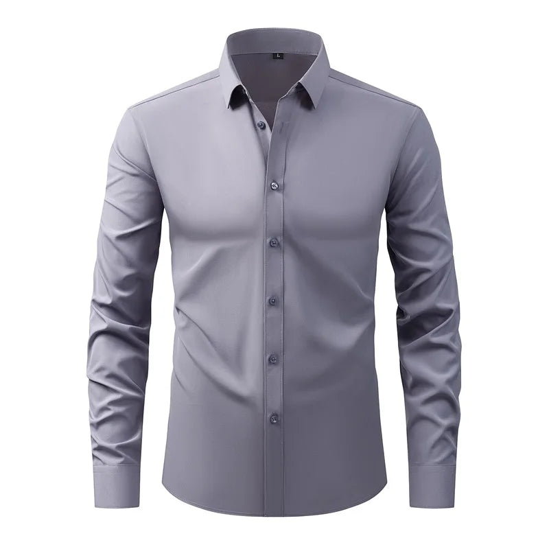 Men's Classic Button-Down Long Sleeve Shirt Solid Color Casual Business Top for Spring