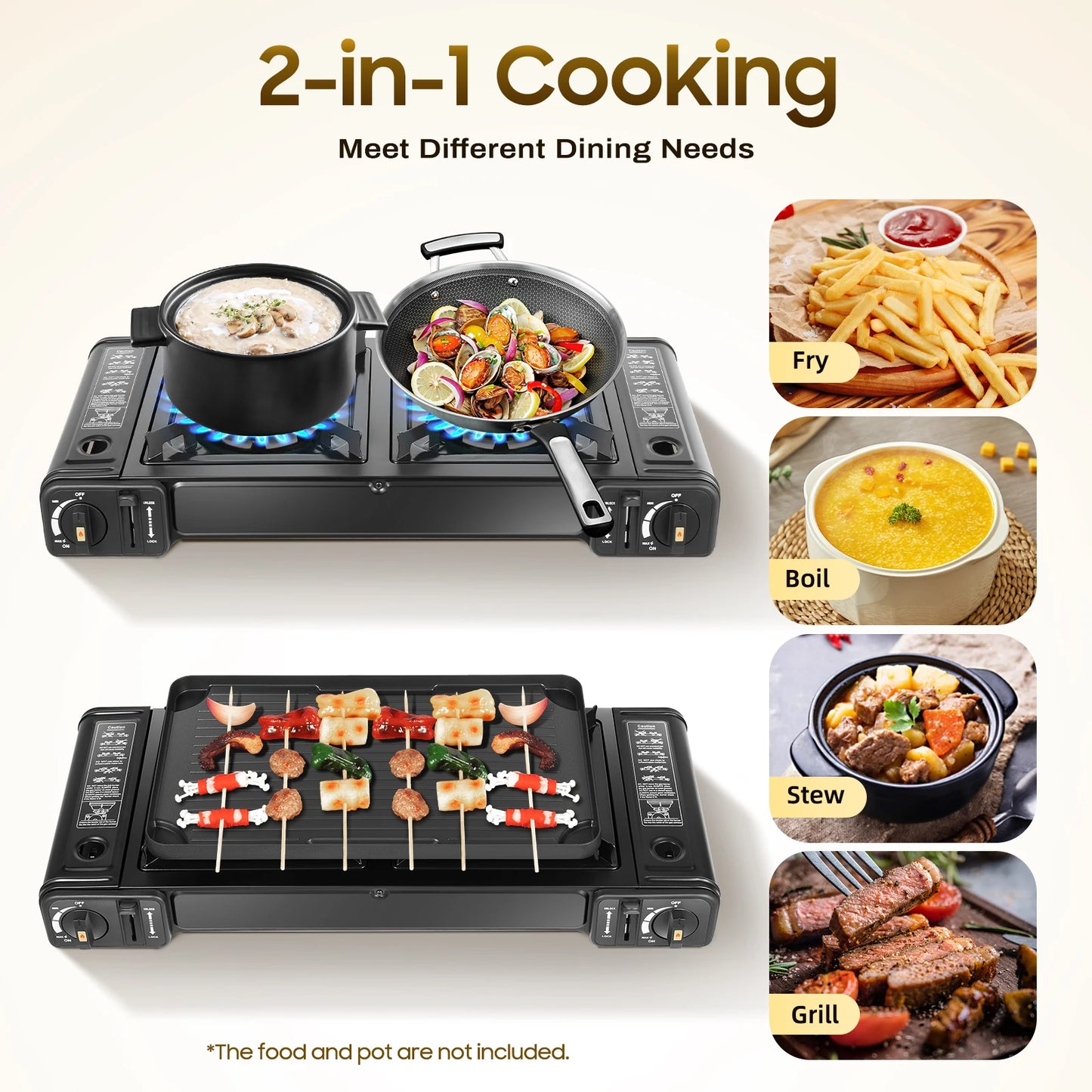 2-in-1 Portable 2-Burner Butane Camping Stove Kit with Baking Pan and Carrying Case