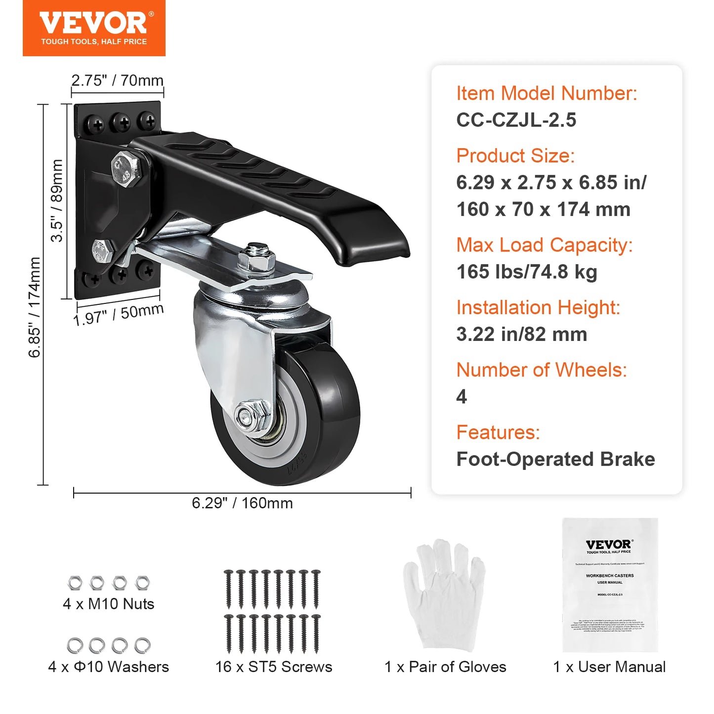 VEVOR 165 lbs 2.5 Inch Workbench Caster Wheels Set of 4 with 360 Degree Swivel Function