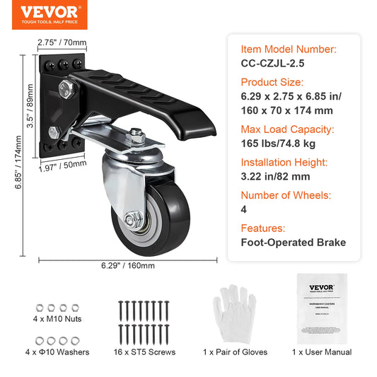 VEVOR 165 lbs 2.5 Inch Workbench Caster Wheels Set of 4 with 360 Degree Swivel Function