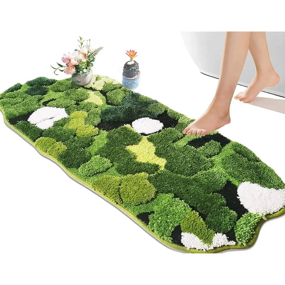 Cute Green Moss Bathroom Runner Rug Shaggy Non Slip Bath Mat Absorbent Shower Carpet Plush Leaf Design Multi Purpose Home Decor