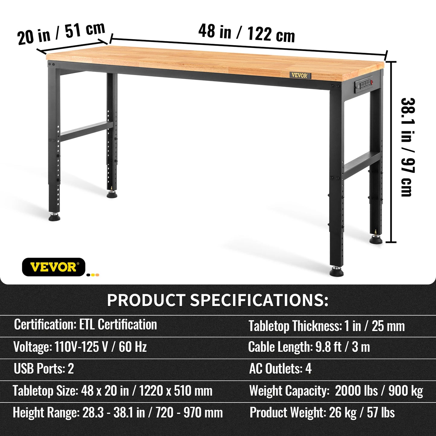 SucceBuyMulti Adjustable Workbench Woodworking Hardwood Work Bench with Power Outlets Foot Pads for Workshop DIY Office Home Use