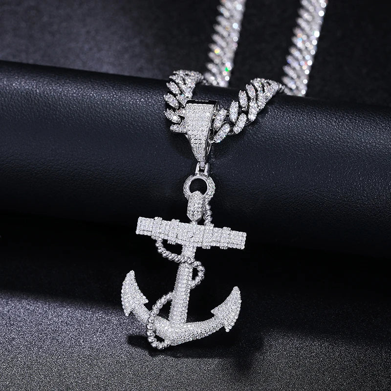 Moissanite Anchor Necklace in 925 Sterling Silver Iced Out Hip Hop Jewelry for Unisex