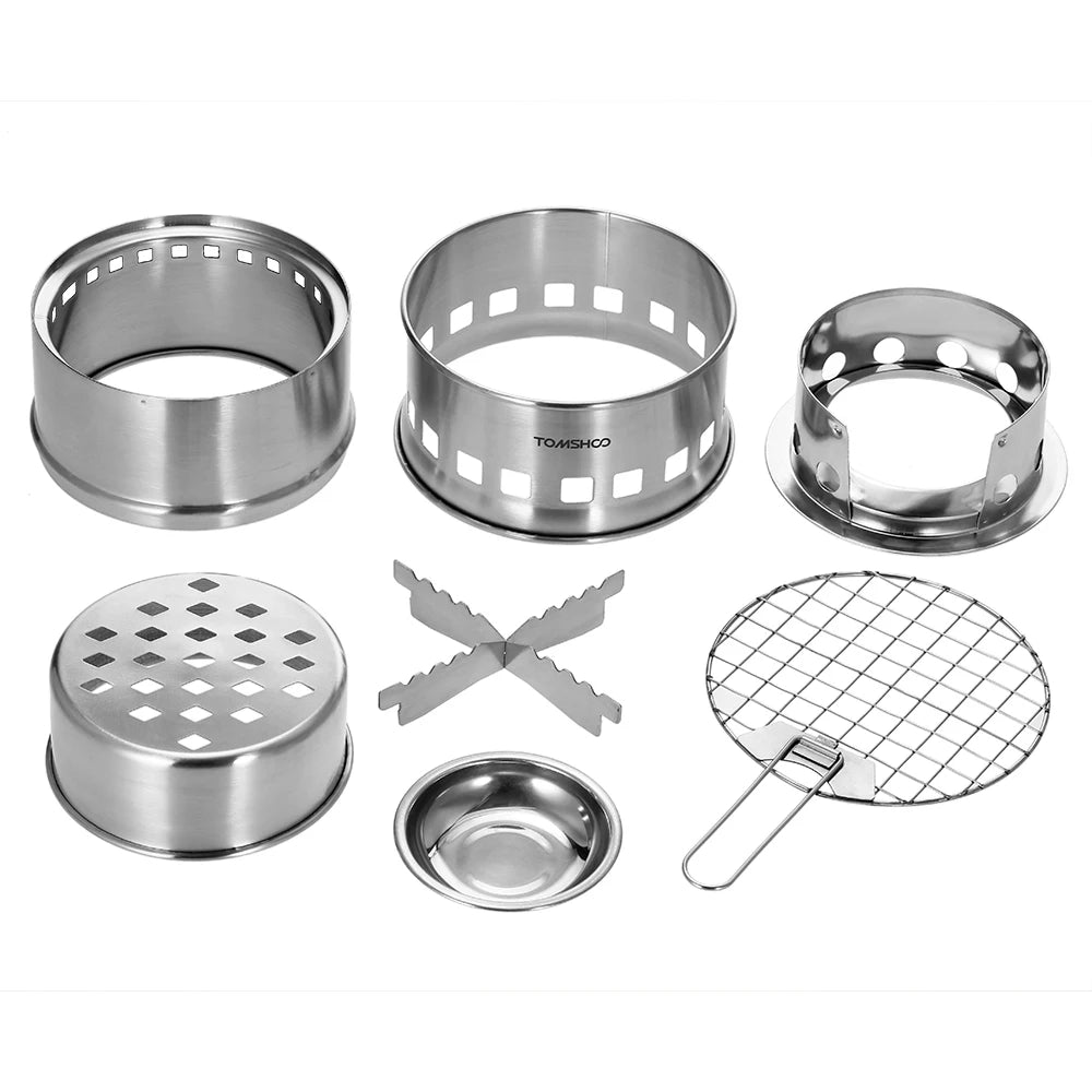 Portable Windproof Camping Stove with Foldable Handle and Wood Ash Plate for Backpacking