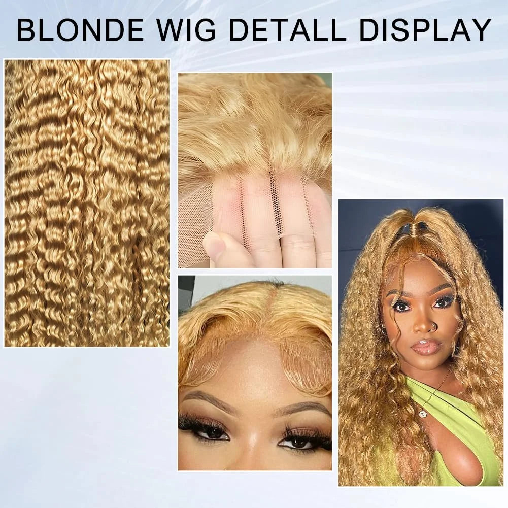 Honey Blonde Deep Wave Lace Front Wig 30 Inch Human Hair Curly Wig for Women