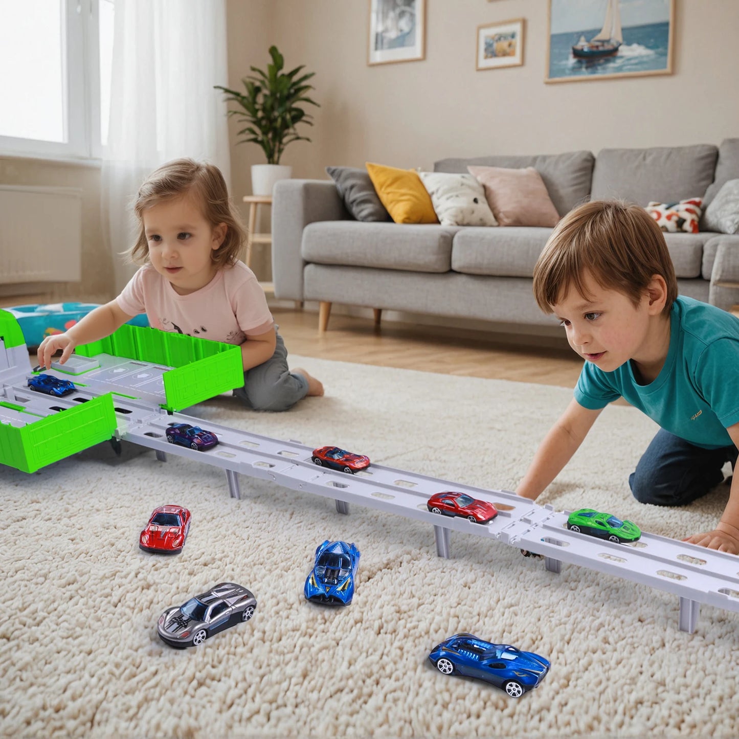 Dinosaur Transport Truck Toy With Foldable Race Track And Car Models For Boys
