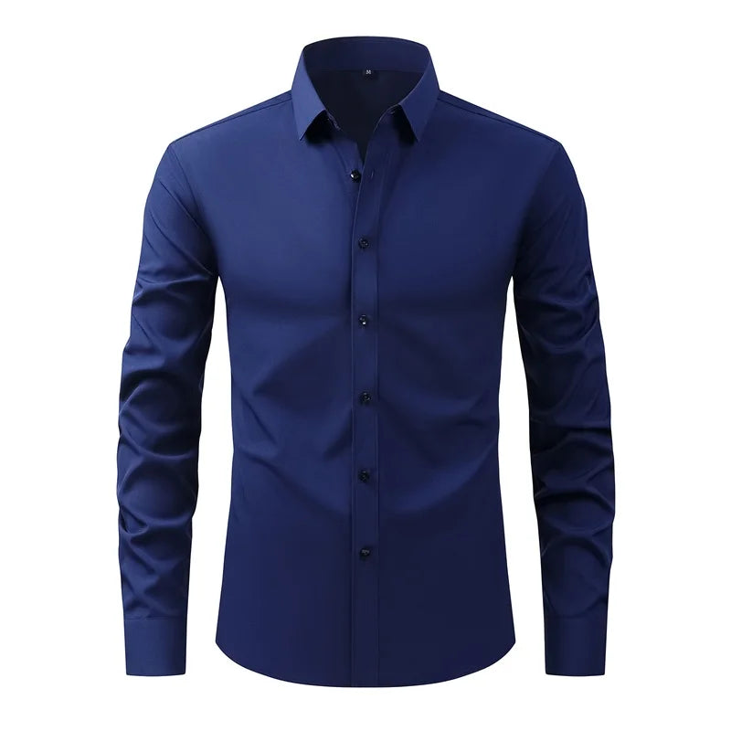 Men's Classic Button-Down Long Sleeve Shirt Solid Color Casual Business Top for Spring