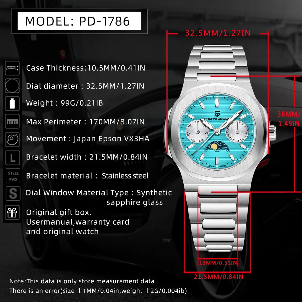 2024 New PAGANI DESIGN Men's Moon Phase Quartz Watch Sapphire Waterproof Automatic Gift