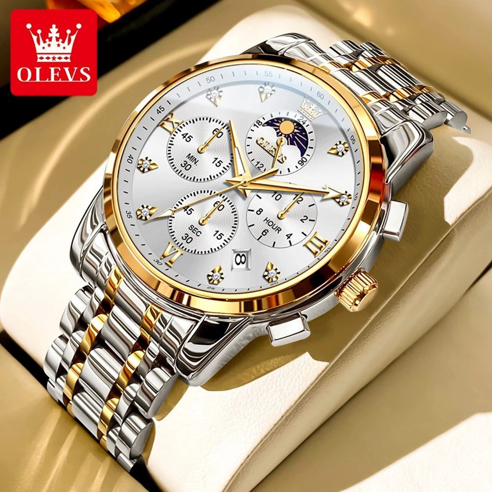 OLEVS Luxury Men's Moon Phase Chronograph Quartz Watch Gold Stainless Steel Luminous