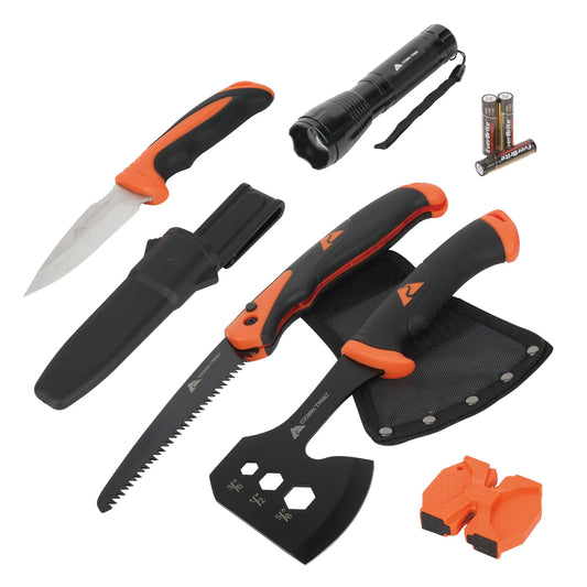 Ozark Trail 7-Piece Camping Tool Set with Hammer Axe Flashlight and Knives Batteries Included