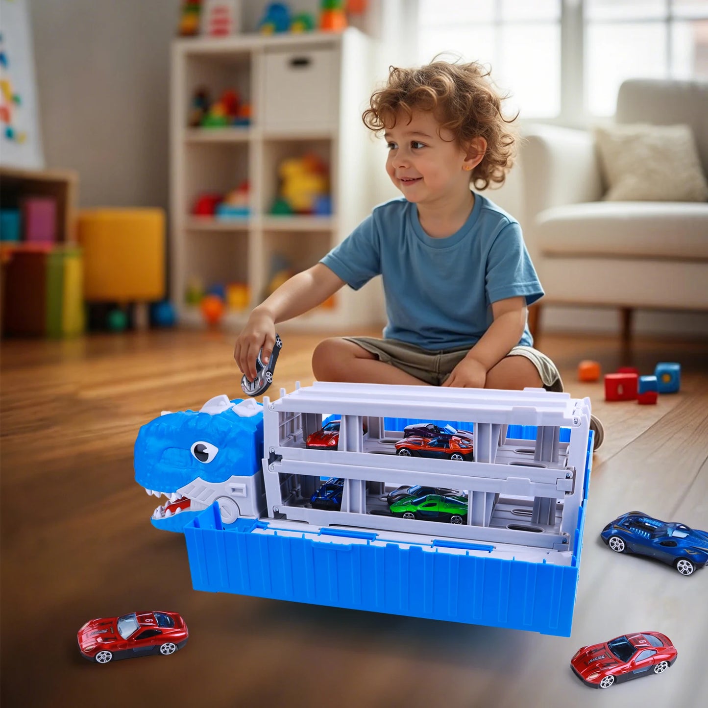 Dinosaur Transport Truck Toy With Foldable Race Track And Car Models For Boys