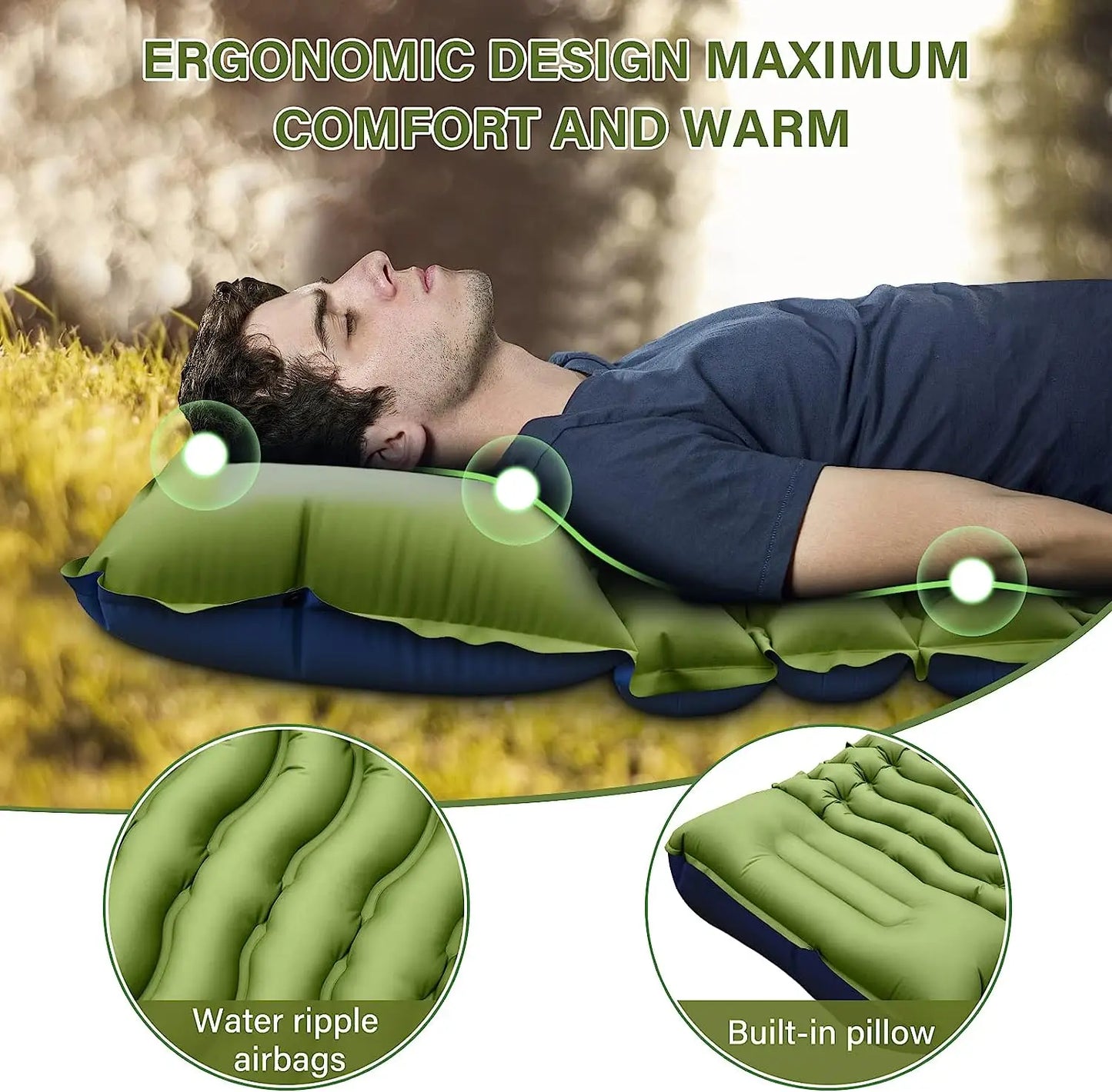 Super Thick 4 Inch Inflatable Sleeping Mat with Pillow and Built-In Pump for Camping